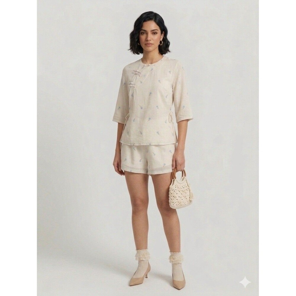 Sheer Embroidered Blouse Top & Short Set S Ivory Blue Roses Romantic Femenine